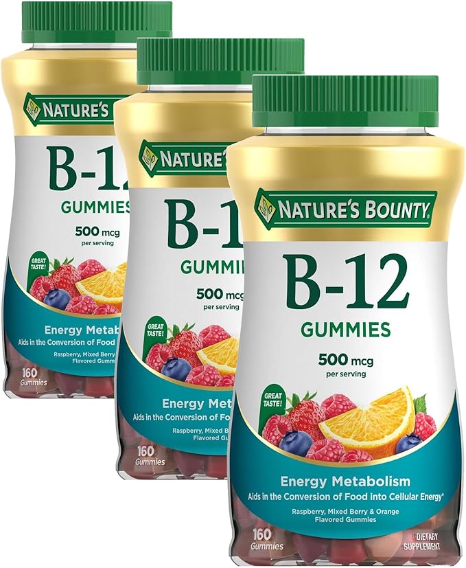 Nature's Bounty Vitamin B12 Gummies Dietary Supplement Supports Energy Metabolism and Nervous System Health Mixed Berry Flavor 500mcg 160 Count (Pack of 3)