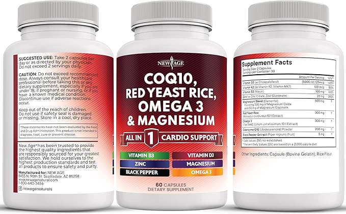 NEW AGE COQ10 200mg Red Yeast Rice Omega 3-6-9 Magnesium Complex Zinc Vitamin K2 D3 - Support Vitamins for Women and Men with Vitamin B3 Coenzyme Q10-180 Count
