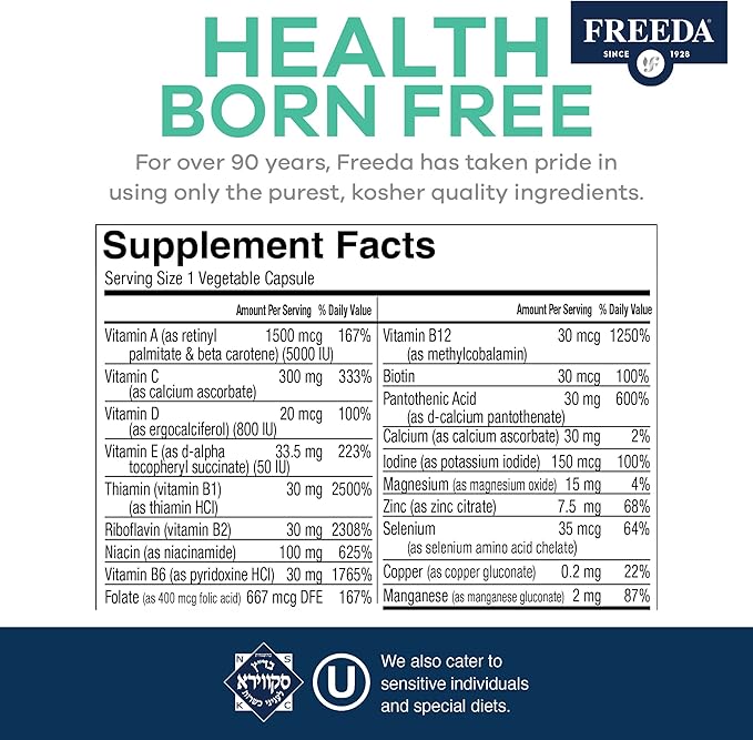 FREEDA One Daily Multivitamin Without Iron – Kosher Adult Multivitamin Supplements for Women &amp Men’s Health with Biotin Vitamin B12 B1 B2 B5 Folic Acid Niacinamide – Gluten Free (250 Capsule