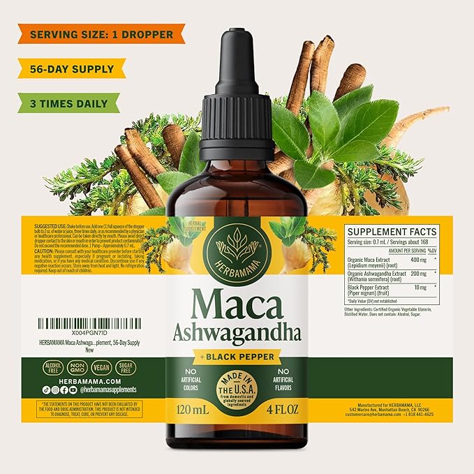 HERBAMAMA Maca Ashwagandha Drops - Vegan Mood Support &amp Overall Well-Being with Ashwagandha and Maca Root Extract Tincture - Non-GMO Alcohol &amp Sugar-Free Women &amp Men Support Supplement 5