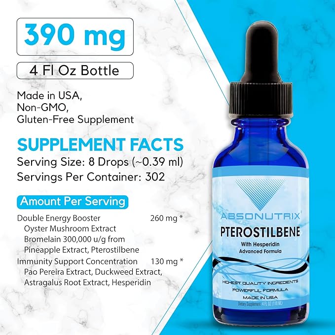 Absonutrix Pterostilbene with Hesperidin 390 mg 4 Oz Liquid 300 Servings Made in USA Quick Absorption Quality Potent Ingredients Non-GMO GMP Certified Facility Cruelty-Free Products
