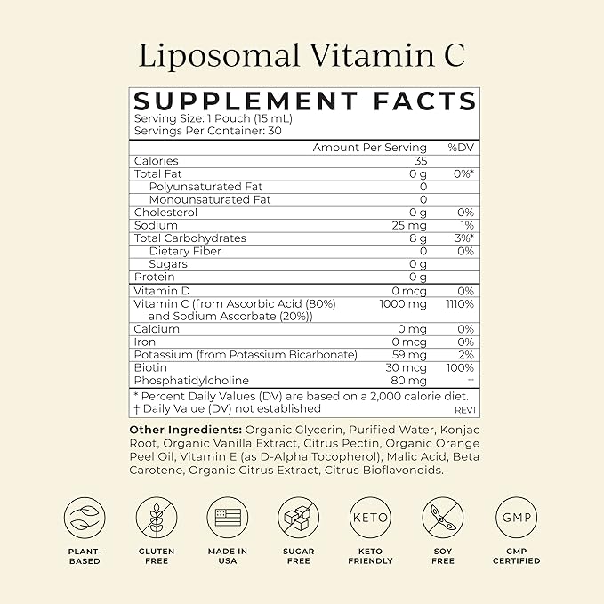 CYMBIOTIKA Vitamin C Individual Packets Liposomal Delivery Supplement for Immune Support Collagen Boost &amp Healthy Aging Skin Hydration Packets Citrus Vanilla Flavor 30 Count