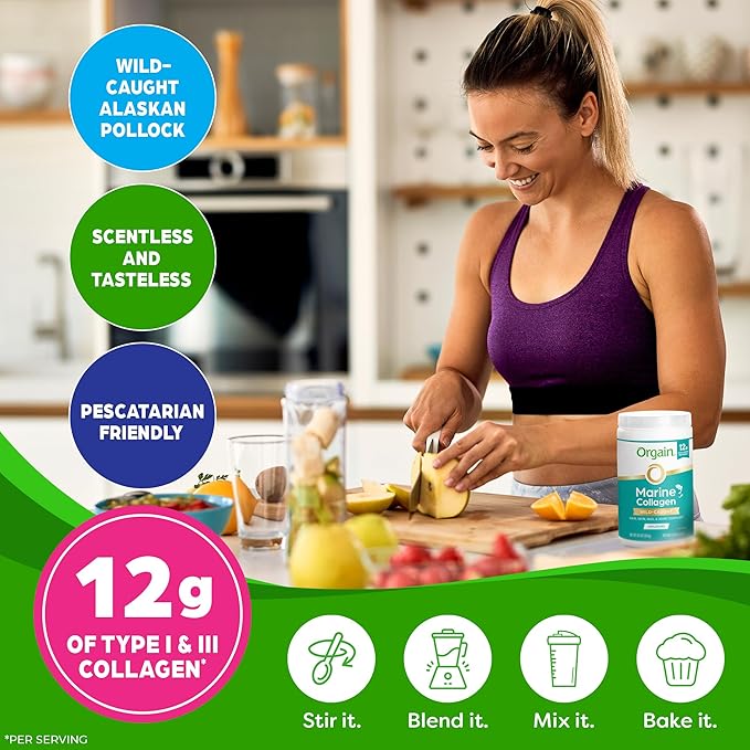Orgain Wild-Caught Marine Collagen Peptides Powder for Women &amp Men Hair Skin Nail &amp Joint Support Supplement 12g Collagen Per Serving Pescatarian &amp Paleo Non-GMO Unflavored Type I