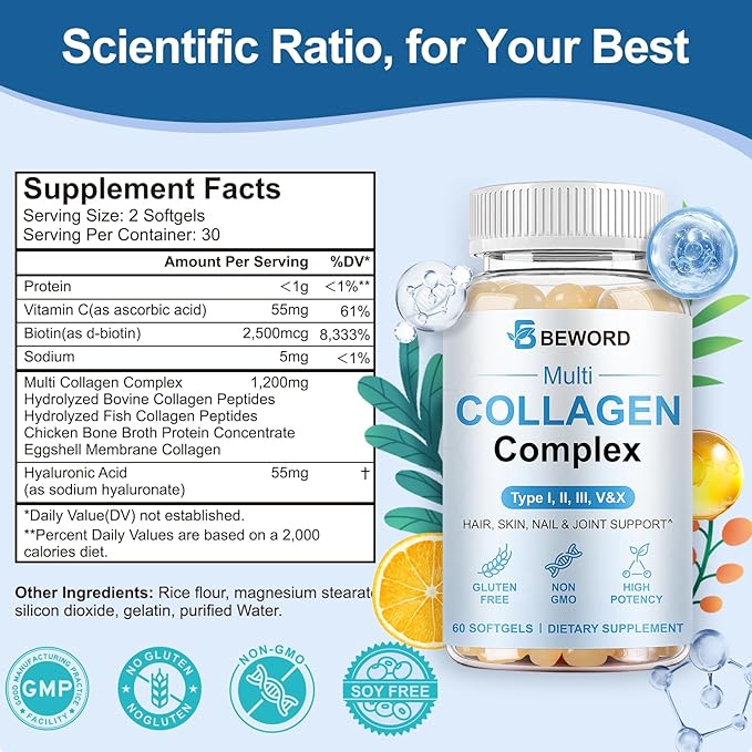 Multi Collagen Softgels for Women &amp Men 240 Capsules - Type IIIIIIVX Hydrolyzed Collagen w/Vitamin C &amp Hyaluronic Acid - Supports Skin Hair Nails Joints - Grass-Fed Non-GMO4 Pack