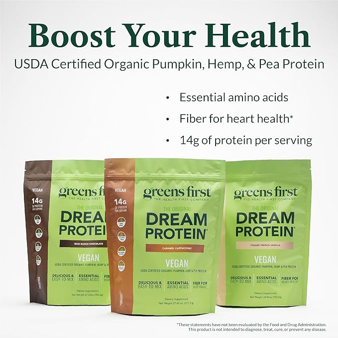 Greens First Dream Protein Plant-Based Vegan Powder - USDA Organic Pumpkin Hemp &amp Pea Protein - Gluten-Free Non-GMO No Added Sugar (Creamy French Vanilla 24.8 oz)