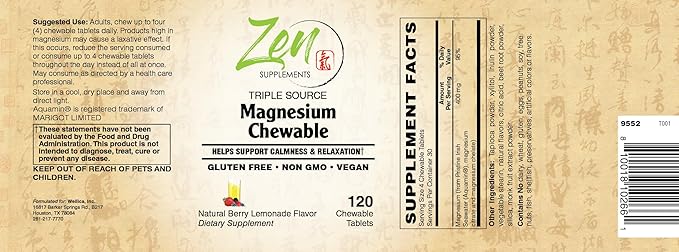 Zen Supplements Triple Source Magnesium Chewable Supplement Berry &amp Lemonade Flavors 120 Tablets