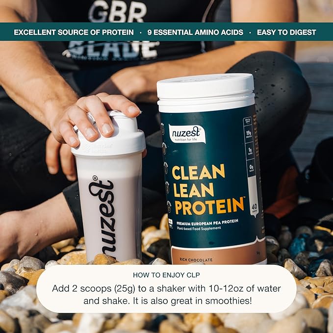 Nuzest Vegan Pea Protein Powder - Clean Lean Protein 40 Servings 20g Protein Rich Chocolate Protein Shake Mix + Sports Shaker Bottle 24oz