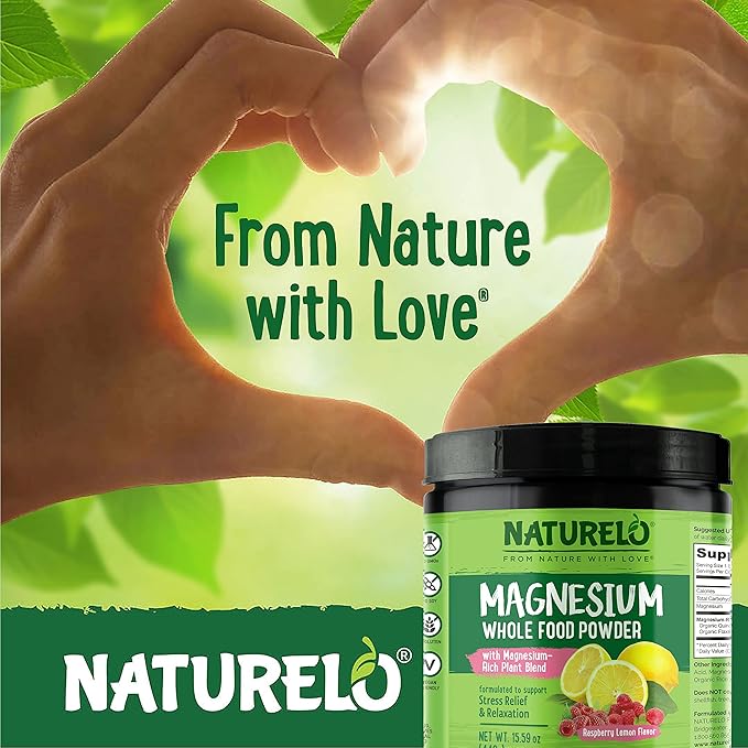 NATURELO Magnesium Powder - Whole Food Calm Magnesium Powder with Quinoa Cauliflower &amp Flaxseed for Stress Relief Raspberry Lemon 85 Servings 15oz