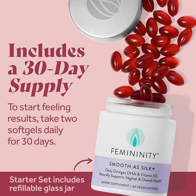 Femininity Smooth as Silk+ 30-Day Starter Kit for Vaginal Dryness (60 Softgels &amp Refillable Glass Jar) – Blend of Sea Buckthorn Oil Vitamin D3 and Plant-Based Omega-3 DHA