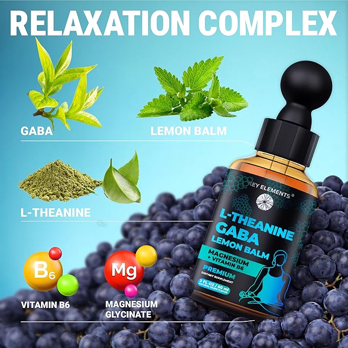 KEY ELEMENTS Liquid GABA with L Theanine Supplement | GABA 500mg and L-Theanine 200mg with Lemon Balm Extract and Magnesium with Vitamin B6