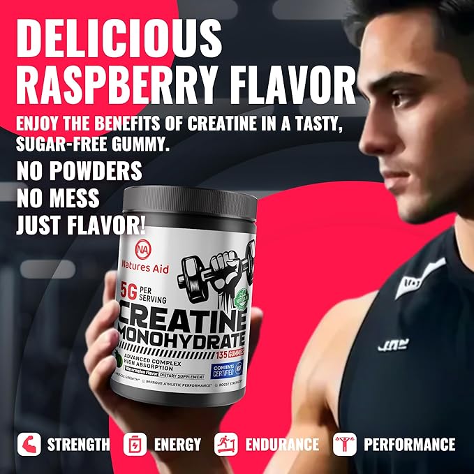 Natures Aid NSF Certified Creatine Gummy 5g - Creatine Monohydrate Gummies – Pre-Workout Energy &amp Muscle Growth Support for Men &amp Women | Watermelon Electrolyte Gummies (135 Count)