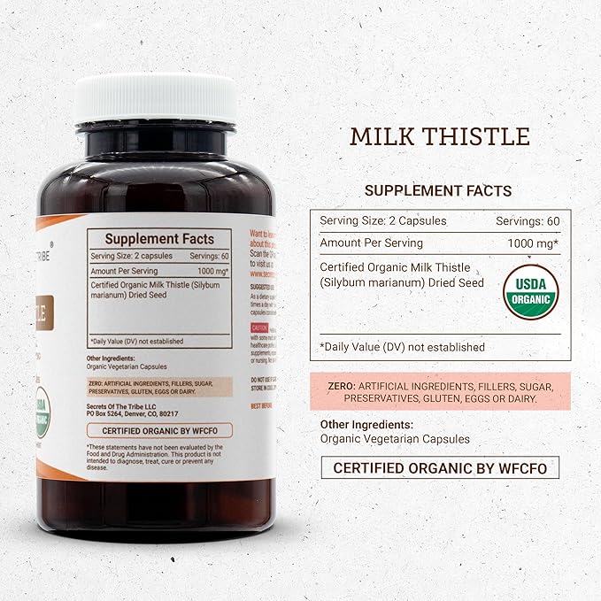 Secrets of the Tribe Milk Thistle USDA Organic Capsules | Certified Organic Vegetarian Capsules Herbal Dietary Supplement | Silybum marianum Dried Seed (120 Count)
