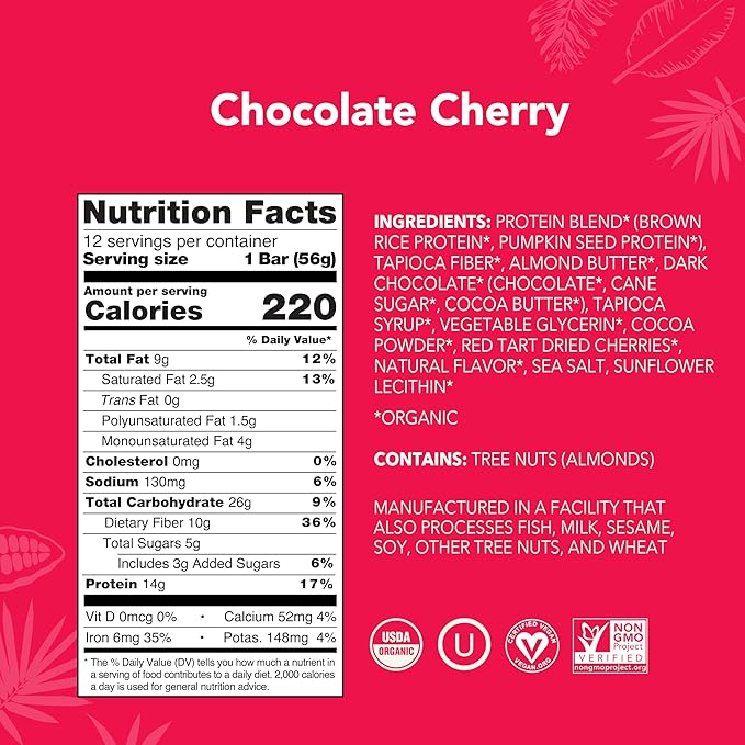 ALOHA Organic Plant Based Protein Bars - Chocolate Cherry - 12 Bars Vegan Low Sugar Gluten-Free Paleo Low Carb Non-GMO No Stevia No Erythritol
