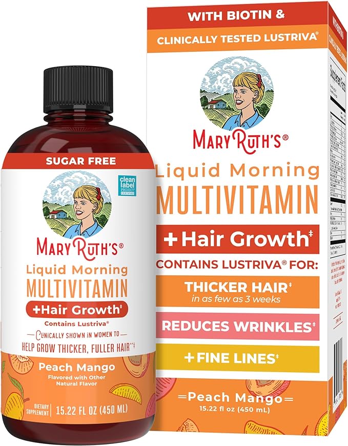 MARYRUTH'S Liquid Multivitamin+Hair Growth | Biotin 10000mcg | Lustriva Hair Growth Supplement | Clinically Tested in Women for Thicker Hair&ampFacial Wrinkle | Skin Care | Ages 18+ | 15.22 Fl Oz