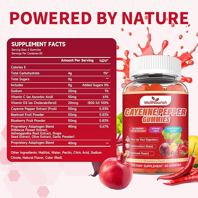 Cayenne Pepper Gummies with Beetroot Fruit Powder Vitamin C and Vitamin D3 Delicious Strawberry Flavor Sugar-Free Chewable Dietary Supplement for Immune Support and Overall Daily Wellness (2 Pack)