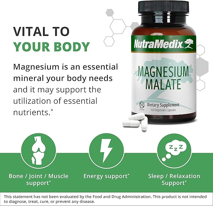 NutraMedix Magnesium Malate Energy Supplements - Bioavailable Magnesium for Sleep Immune Support &amp Joint Health - Vegan Non-GMO &amp Gluten-Free Magnesium Supplements (120 Vegetarian Capsules)