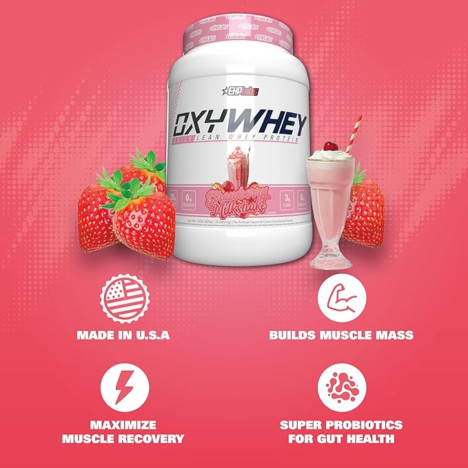 EHP Labs OxyWhey Whey Protein Isolate – 25g High Protein Low Carb Sugar Free Meal Replacement – Lean Whey Powder for Muscle Recovery – Non-GMO Gluten Free – 25 Serves – Strawb. Milkshake