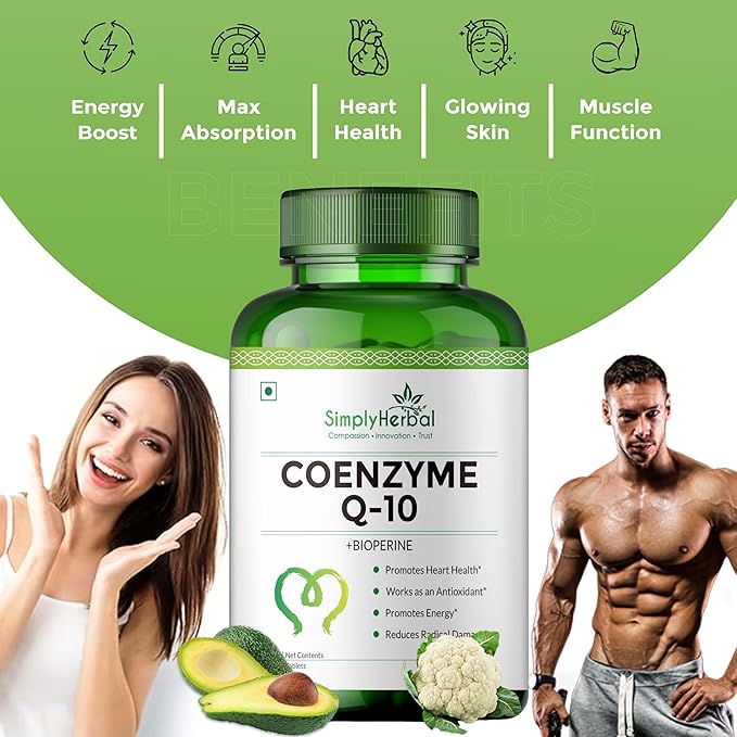 Simply Herbal CoQ10 Natural Coenzyme Q10 Tablets 200mg with Bioperine Antioxidant Supplements Designed for Enhanced Absorption Support for Heart Health and Energy Metabolism - 60 Tablets