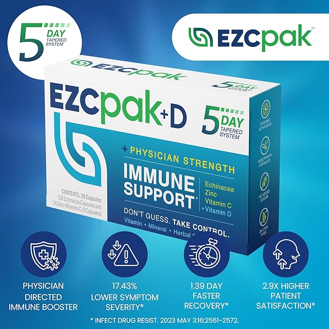 EZC Pak 5-Day Immune System Booster with Echinacea Vitamin C Zinc &amp Vitamin D - Tapered Immune Support Supplement for Adults - Supports Immunity Easy Travel-Size Supplement Pack - (Pack of 6)