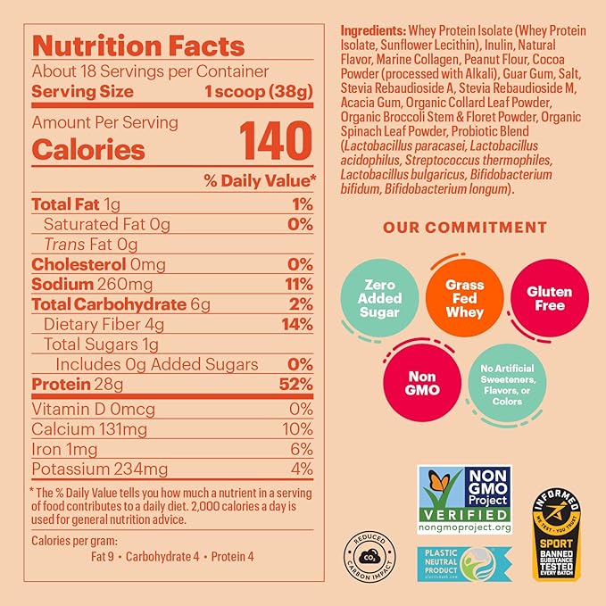 Natreve Whey Protein Powder - 28g Grass-Fed Whey Protein with Amino Acids Probiotics &amp Collagen - Gluten Free Peanut Butter Parfait 18 Servings