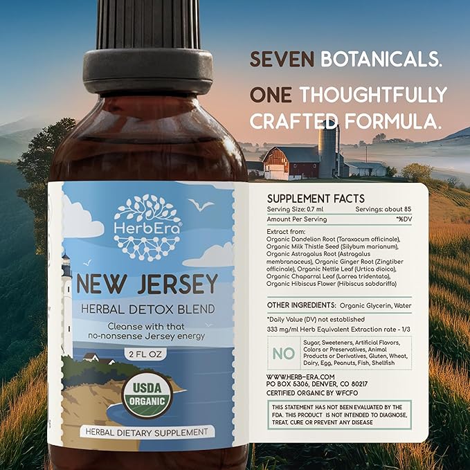 HerbEra New Jersey Herbal Detox Blend - USDA Organic Extract Made in USA | Immune &amp Liver Support Liquid Drops | Astragalus Dandelion Root Ginger Milk Thistle Chaparral | 2 fl oz