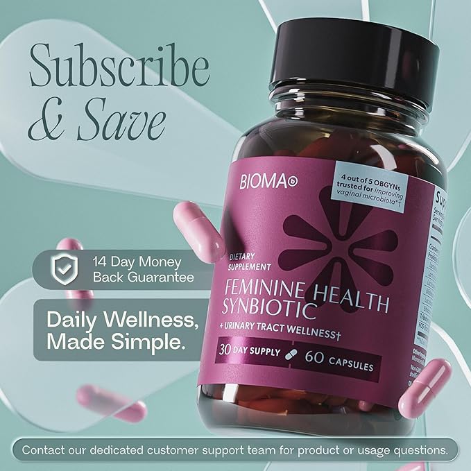 BIOMA Feminine Health Synbiotic - Women's Health Supplement for Healthy Vaginal pH Urinary Tract &amp Digestive Support - with Probiotics Cranberry &amp Tributyrin - 60 Capsules (30-Day Supply)