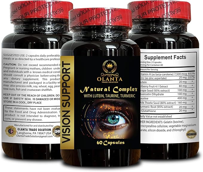 Eye Supplements for Aging - Vision Support Complex - Taurine Capsules Vision Support Eye Vitamins Natural Complex for Vision Support - 1 Bottle 60 Capsules