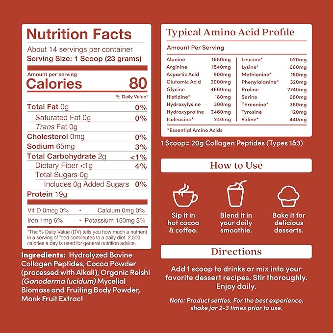 Further Food Chocolate Collagen Peptides Powder with Reishi Mushroom - 100% Grass-Fed Hydrolyzed Type 1 &amp 3 20g of Collagen per Serving Supports Skin Hair Nails &amp Joints 11.36 Oz
