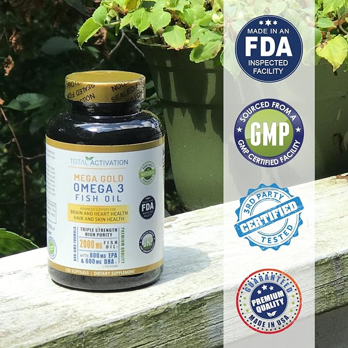 Omega 3 Fish Oil Supplement – 2000mg with EPA DHA &amp Vitamin E – Burpless Triple Strength Support for Men &amp Women – 120 Easy Swallow Softgels