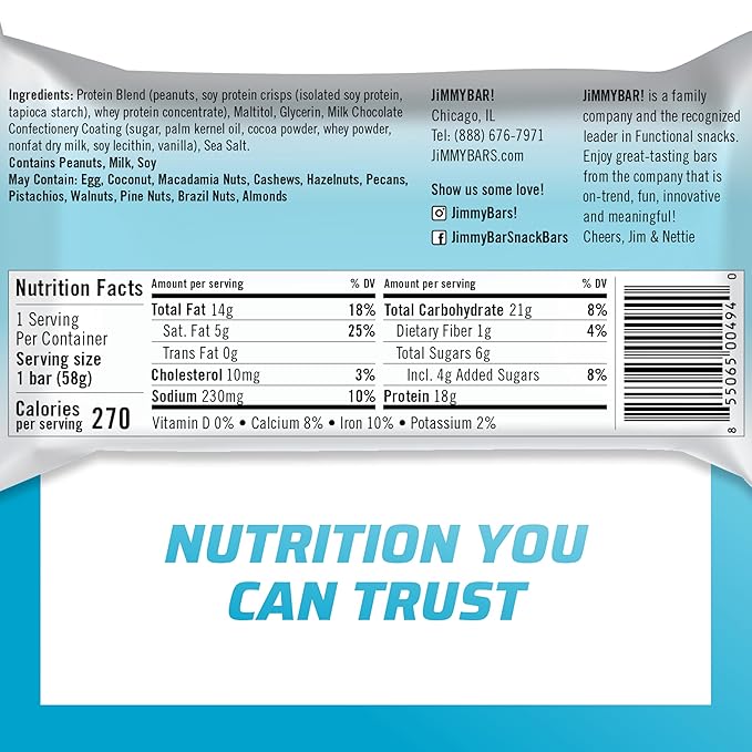 JiMMYBAR! Chocolate Peanut Butter Protein Bars 18g Protein Bar 6g Low Sugar - 12 Count - 58g Health Bars - Functional Snack with Real Peanuts &amp Hand-Drizzled Chocolate