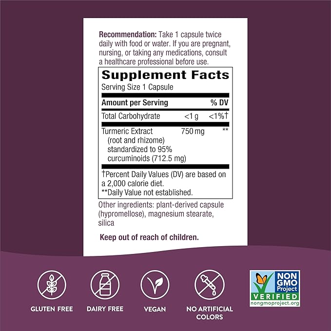Nature's Way Premium Extract Turmeric Max Potency‡ Standardized to 95% Curcuminoids 750 mg per serving 60 VCaps