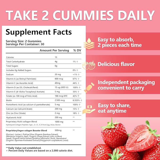 60 Count Multi-Collagen Peptides Gummies for Women - Packed with Types I II III V X Vitamins C E Zinc &amp Hyaluronic Acid - Non-GMO &amp Gluten Free