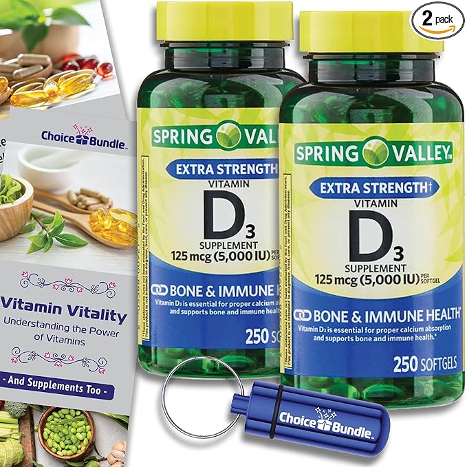 Spring Valley Vitamin D3 Softgels 125 mcg 5000 IU 250 Ct 2 pk (500 Total) + Vitamin Vitality &amp Pill Container (4 Items)!