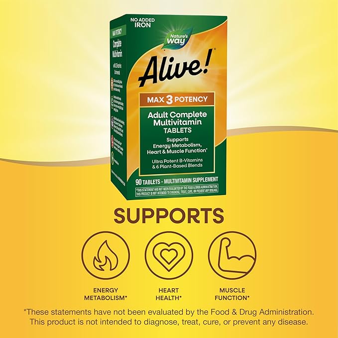 Nature's Way Alive! Max3 Potency Adult Complete Multivitamin High Potency B-Vitamins to Support Cellular Energy Metabolism* Multivitamin with Methylated B12 &amp Folate No Added Iron 90 Tablets