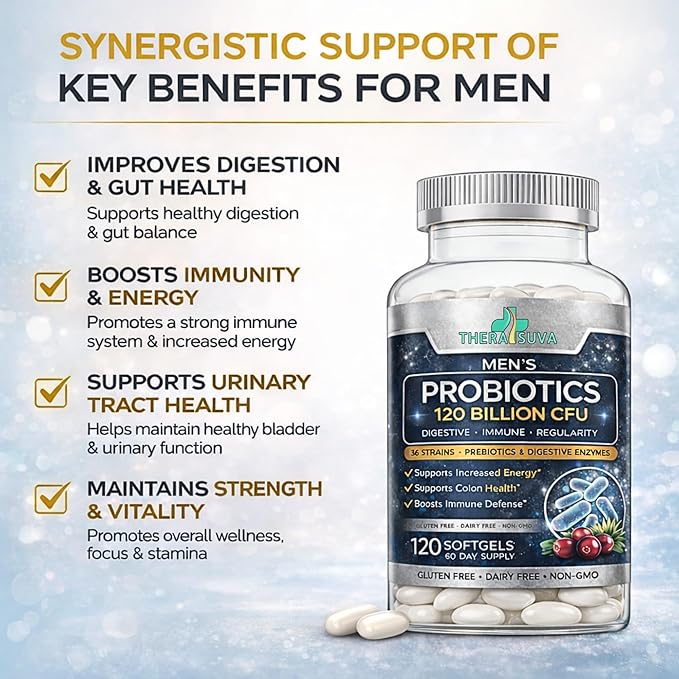 Mens Probiotic 120 Billion CFU 36 Strains + Prebiotics &amp Digestive Enzymes Digestive Gut &amp Immune Support 60 Day Supply 120 Capsules