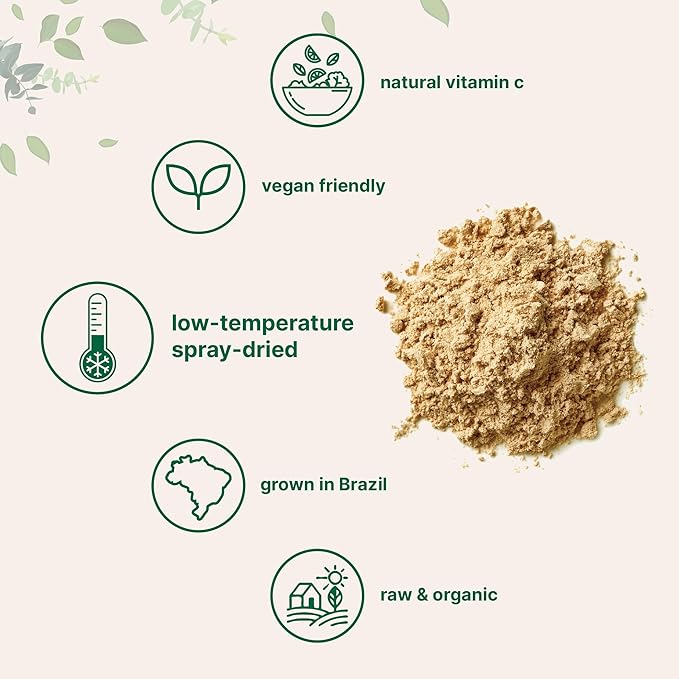 Organic Acerola Powder 8oz | Natural Organic Vitamin C Superfood | No Sugar &amp Additives | Great Flavor for Drinks Smoothie &amp Beverages | Non-GMO &amp Vegan Friendly Brazil Origin
