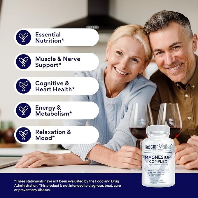 Research Verified Magnesium Complex - Brain Muscle and Nerve Support - Magnesium Bisglycinate Malate Citrate and Oxide - Bioperine - Vegan - 60 Capsules - Pack of 3