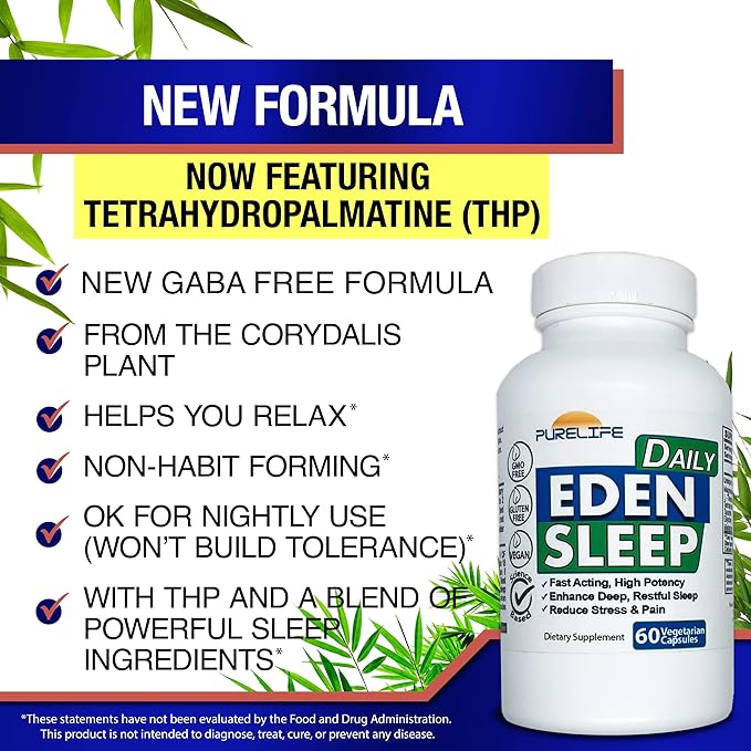 Eden Daily Sleep [New GABA Free Formula] – Fall Asleep Faster Relax Your Body Promote Deep and Restful Sleep (60 Vegan Capsules)