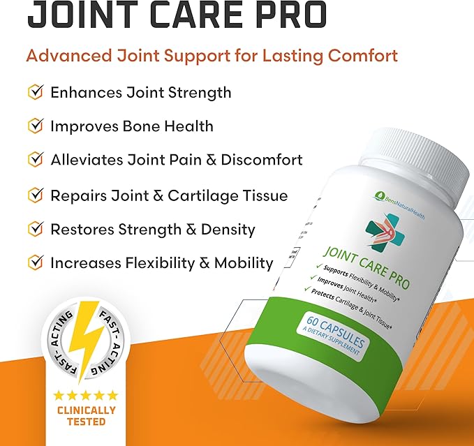 Ben's Natural Health Joint Care Pro Joint Health Supplement with Turmeric Hyaluronic Acid Vitamin C D K Pea White Willow Bark 60 Capsules