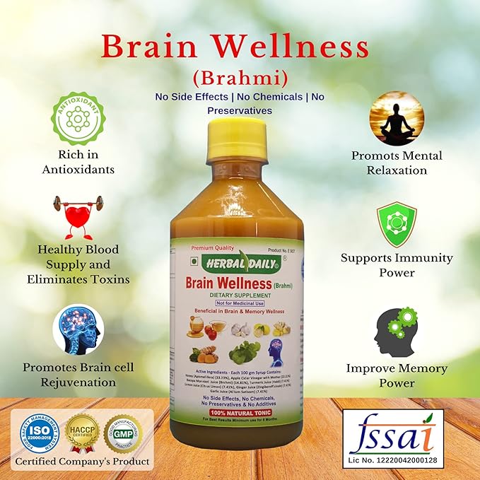 Brain Wellness Syrup Brain Supplement for Memory and Focus Made with Natural Herbs Brahmi Garlic Ginger Turmeric Lemon Honey and Apple Cider Vinegar 400ml 1 Bottle