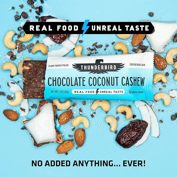 Thunderbird Bars Energy Snack Gluten-Free with Protein Healthy Real Food Vegan Paleo Non-GMO No Added Sugar Chocolate Coconut Cashew Flavor (12 Count 1.7 oz. Bars)