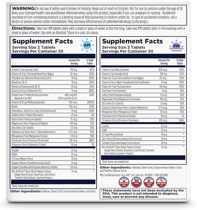 KAL Multivitamin AM/PM 2-in-1 Womens and Mens Multivitamins Supplements Turmeric Tart Cherry Organic Matcha and Spirulina for Immuneand Cellular Support Gluten Free 30 Servings 120 Tablets