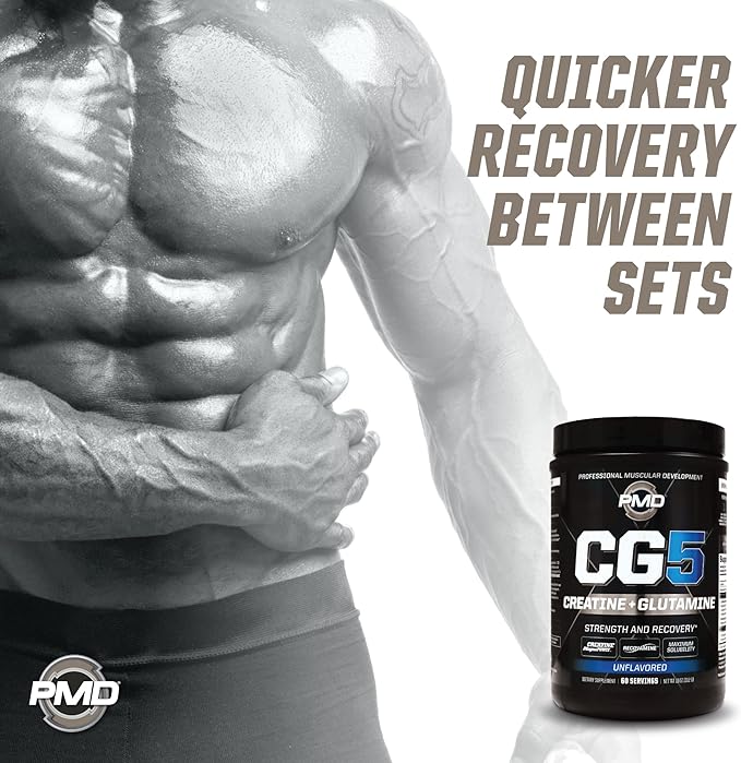 PMD Sports CG5 Premium Creatine &amp L Glutamine Powder Power Recovery Build Lean Muscle Increase Workout Performance Maximum Strength Pre Workout &amp Post Workout Unflavored 60 Servings (Pac