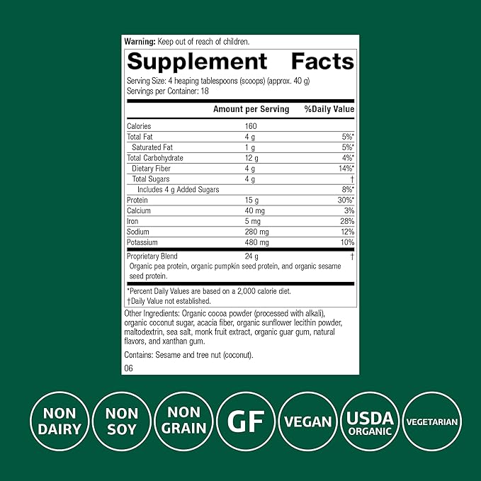 Standard Process Veg-E Complete Pro - Organic Plant-Based Protein Powder for Muscle Building &amp Recovery - Supports Hair Skin &amp Nails - Vegan &amp Gluten-Free - Chocolate 18 Servings