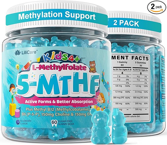 L Methylfolate for Kids Gummies Active 5-MTHF + Methyl B12 B6 Choline &amp Vegan DHA Methylated Vitamins for Kids MTHFR Supplement Support Mood Bēhavior Cognition Brain Focus Sugar Free 2