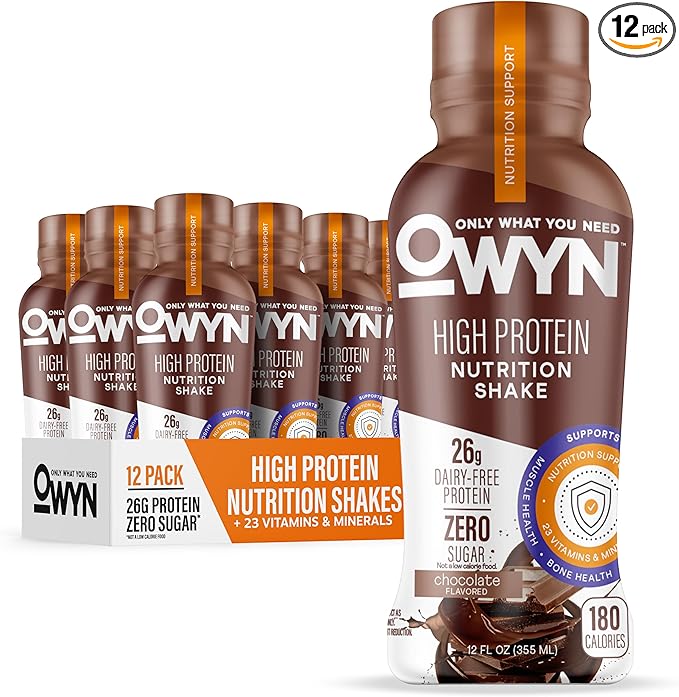 OWYN Only What You Need High Protein Shake Chocolate Flavored 26g Protein 0g Sugar 3g Fiber Dairy Free Plant Based Protein Drink 12 Count