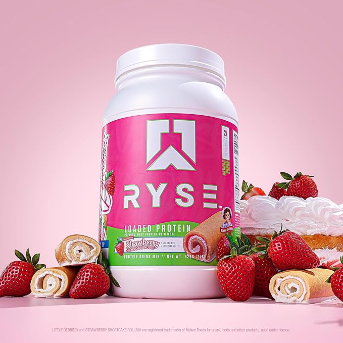 RYSE Loaded Protein Powder - Little Debbie Strawberry Shortcake Rolls - 25g Whey Protein Isolate &amp Concentrate with Prebiotic Fiber &amp MCTs - Low Carb &amp Low Sugar - 27 Servings / 2 lb Tub