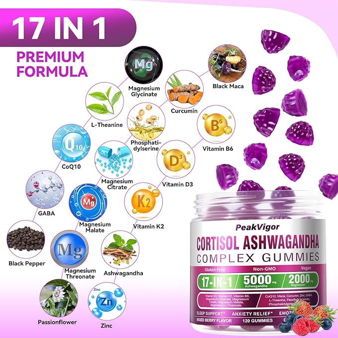 8000mg Ashwagandha Gummies 2000mg Magnesium Complex 17-IN-1 Ashwagandha Supplements Anxiety Gummies for Women and Men with Vitamin D3 K2 &amp CoQ10 &amp Curcumin &amp maca root120 Gummies