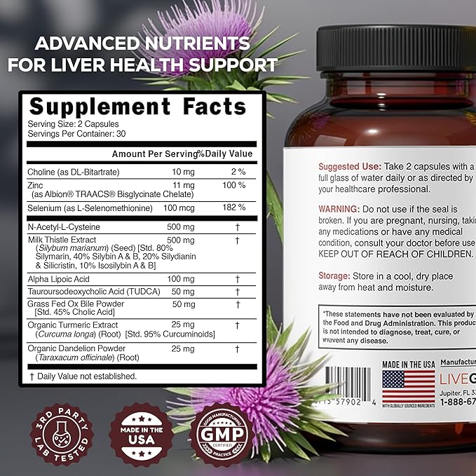 LIVEGOOD Liver Support Supplement for Liver Cleanse Detox Milk Thistle and Dandelion Root with Turmeric and Alpha Lipoic Acid for Overall Health (60 Count)