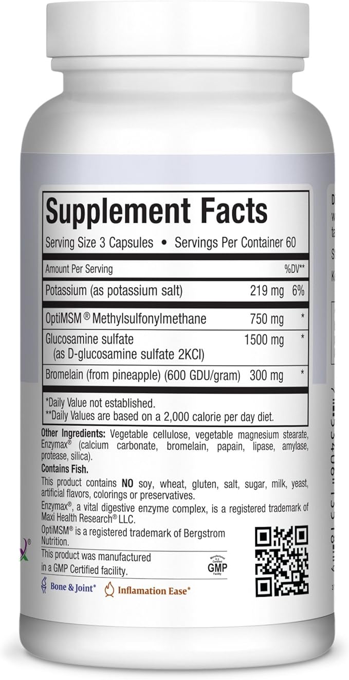 Maxi Health Super Glucosamine Complex – Joint Supplements for Men &amp Women – Glucosamine Sulfate with MSM Bromelain &amp Potassium – Bone Strength Mobility &amp Flexibility Support 180 Capsu